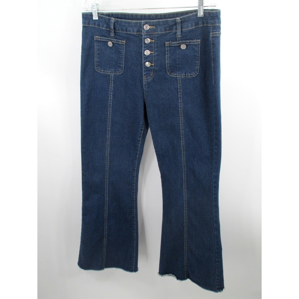 Sailor Wide Leg Flare Jeans Women 2XL Blue Denim Raw Hem Stretch Button Fly